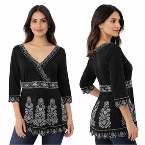 Black Boho Embroidered Tunic Top BCBG Max Azria Scalloped Hem Large Babydoll